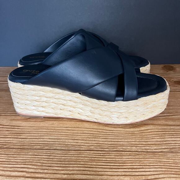 Andre Assous Dark Blue Leather Espadrille Platform Slip On Wedge Sandals 39 EU - Picture 3 of 12